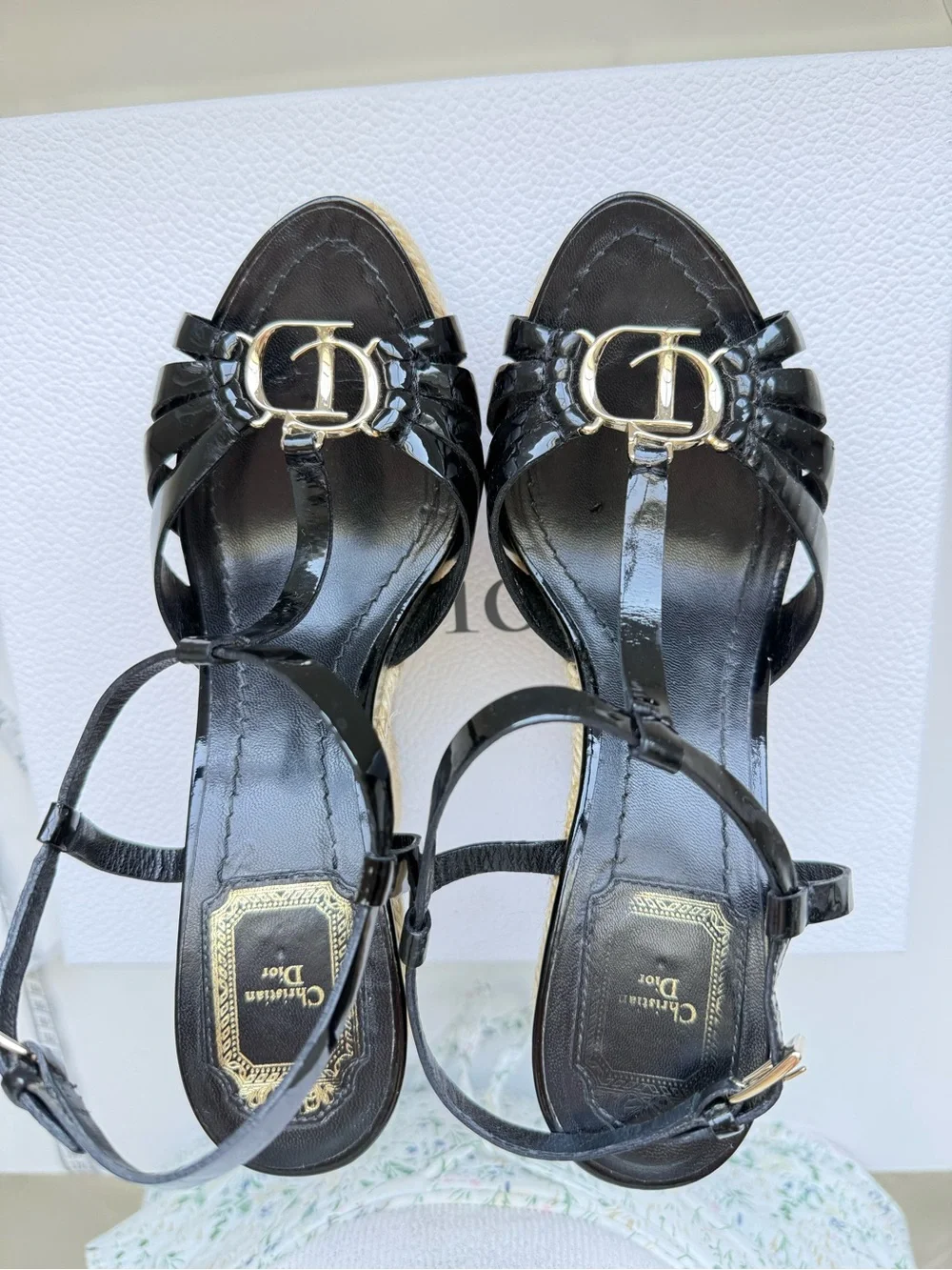 Christian Dior Black Patent Leather Espadrille Wedge Sandals | Gold CD Logo
